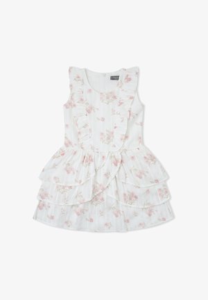 Vestido blanco sin mangas para niño pequeño con estampado floral rosa, volantes en la parte delantera y capas en falda de varios niveles.