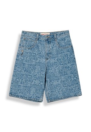 Szorty jeansowe o długości do połowy uda, z wyblakłym, niebieskim nadrukiem graffiti na całej powierzchni oraz klasycznym fasonem z pięcioma kieszeniami.