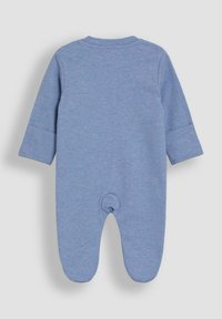 Blaues Baumwoll-Einteiler mit langen Ärmeln, runder Ausschnittform und Fußdesign; ausgestattet mit einem Druckknopfverschluss am Boden für einfaches Ankleiden.