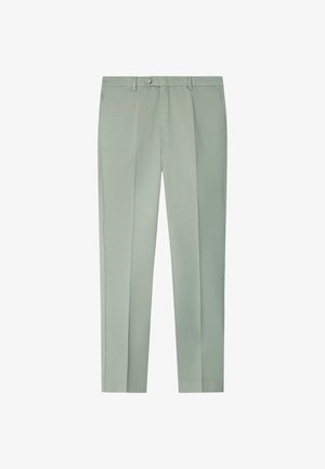 Proste spodnie damskie w kolorze jasnoszaro-zielonym z przednią kantą, zapięciem na guzik i zamek błyskawiczny, szlufkami na pasek oraz bocznymi kieszeniami.