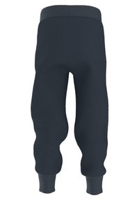 Pantaloni tuta blu scuro con una texture liscia e polsini elasticizzati. Presentano una cintura ampia e cuciture curve per una vestibilità comoda.