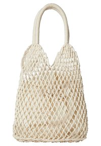 Woven net-style bag in cream, featuring a rounded handle and open design with a solid inner lining. Lightweight with a textured surface.