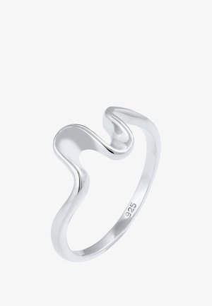 Sterling Silberring mit einem fließenden, wellenförmigen Design. Polierte Oberfläche, mit einem schmalen Band und geschwungenen Akzenten. Mit "925" markiert für Authentizität.