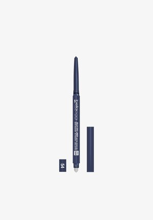 Matita gel per eyeliner di colore blu navy con punta appuntita e design retrattile. Include un temperino integrato e un tappo rimovibile.
