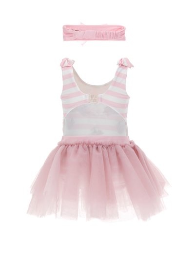 Vestido a rayas rosas con falda de tul, con lazos decorativos en los tirantes. Incluye una diadema rosa a juego. Tejido suave y ligero.