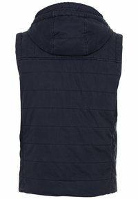Veste matelassée sans manches bleu marine avec des coutures horizontales et une capuche attachée, vue de dos.