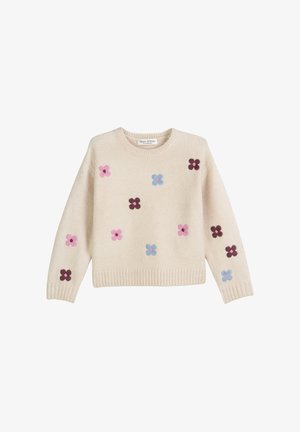 Beige gebreide trui met geribbelde manchetten en zoom, versierd met kleine roze, blauwe en donkerpaarse geborduurde bloemen verspreid over de voorkant en mouwen.