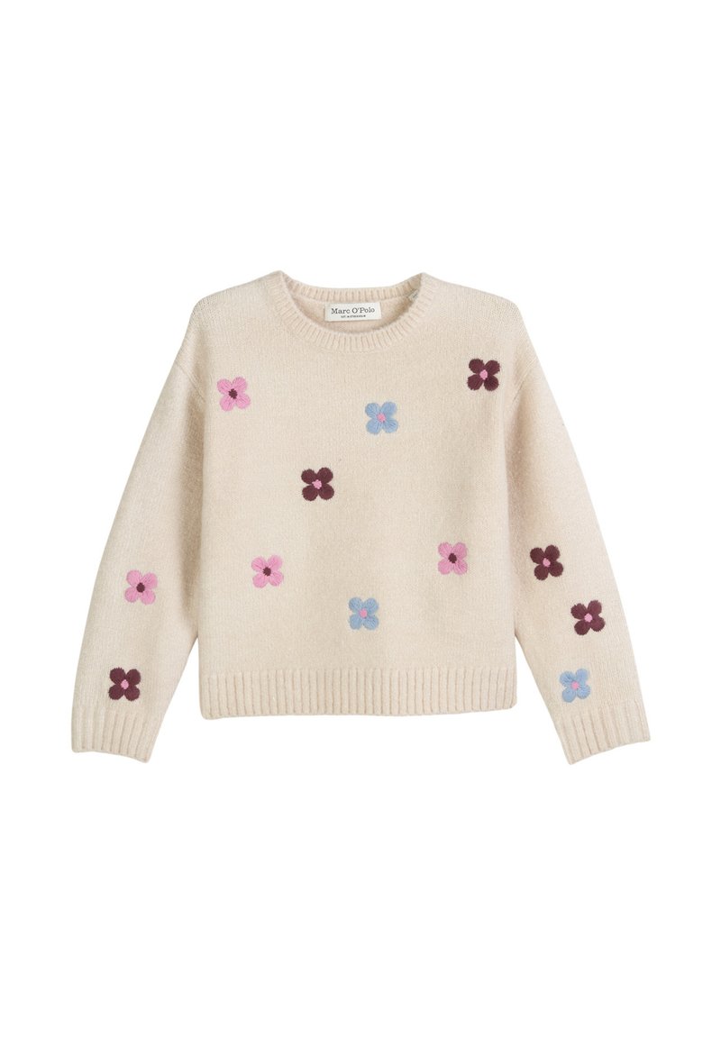 Beżowy sweter z dzianiny z prążkowanymi mankietami i dołem, ozdobiony małymi różowymi, niebieskimi i ciemnofioletowymi haftowanymi kwiatami rozrzuconymi na przodzie i rękawach.