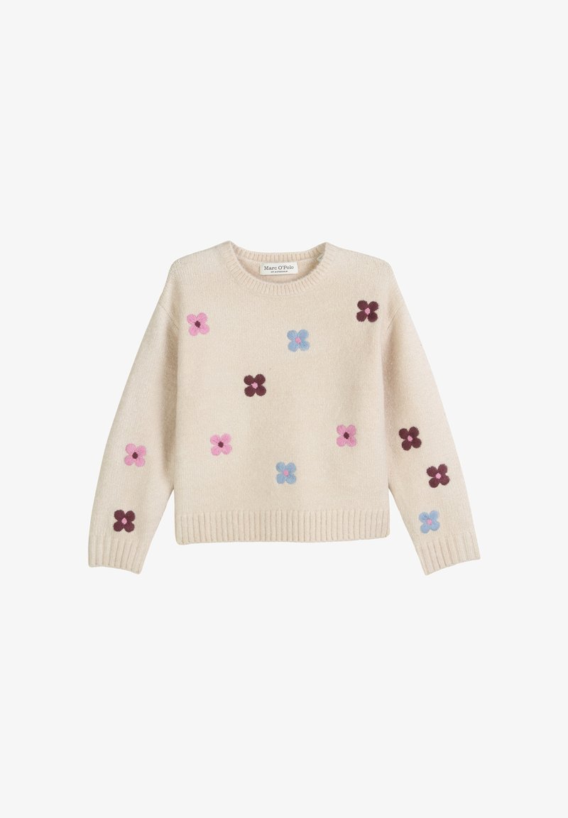 Beżowy sweter z dzianiny z prążkowanymi mankietami i dołem, ozdobiony małymi różowymi, niebieskimi i ciemnofioletowymi haftowanymi kwiatami rozrzuconymi na przodzie i rękawach.