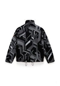 Giacca in fleece nera e grigia con un motivo geometrico, colletto alto e cordoncino regolabile all'orlo. Toppa con logo sulla manica.