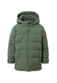 Green puffer jacket with a zip front and hood, featuring quilted design, soft texture, and ribbed cuffs.