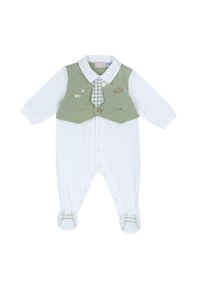 Romper bianco per neonato con sovrapposizione di gilet verde. Include una cravatta a quadretti, dettagli ricamati e pantaloni con i piedi con accenti verdi.