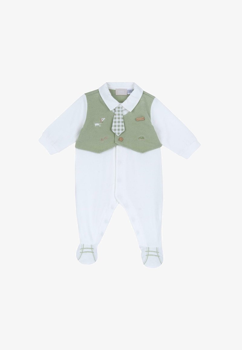 Vit baby romper med en grön västöverdragning. Inkluderar en rutmönstrad slips, broderade detaljer och byxor med fötter i gröna accenter.