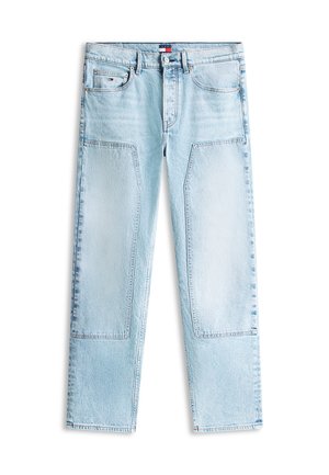 Hellblaue Jeans mit geradem Bein, verstärkten Kniepolstern, vorderer Knopf- und Reißverschluss sowie einem Fünf-Taschen-Design.