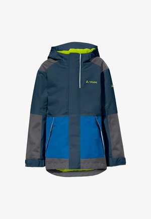 Blue waterproof jacket with gray accents, a hood, and a bright green interior. Features multiple zipped pockets and a reflective logo detail.