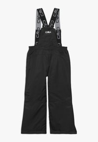 Salopettes noires avec bretelles réglables arborant un logo. Fabriquées en un matériau durable et lisse, avec des jambes larges et évasées.