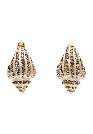 Orecchini a forma di cono color oro con file verticali di piccoli strass trasparenti, progettati con chiusura a perno.