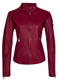Rote Lederjacke mit Kragen, Reißverschluss vorne und seitlichen Taschen. Sanfte Textur und taillierte Passform. Verfügt über Reißverschlussmanschetten und ein Logodetail.
