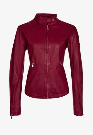 Červená kožená bunda s límcem, zipem vpředu a bočními kapsami. Hladký povrch a přiléhavý design. Obsahuje zipové manžety a detail s logem.