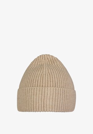 Bonnet beige tricoté avec texture côtelée, présentant un revers repliable et un sommet arrondi, fabriqué à partir d'un tissu doux adapté aux temps froids.