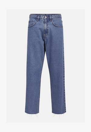 Jeans en denim bleu moyen avec une coupe droite, ourlets effilochés, deux poches avant et une fermeture à bouton. Fabriqués en tissu mélangé coton.