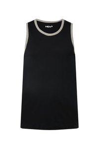 T-shirt nera senza maniche con colletto tondo grigio, realizzata in tessuto morbido, caratterizzata da un orlo dritto e un design minimalista.