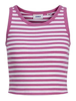 Varrukateta soonik kalasabaga triko, millel on horisontaalsed roosad ja valged triibud ning ümardatud kaelus, suurus väike, valmistatud Bangladeshis.