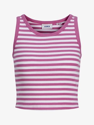 Mouwloos geribbeld crop top met horizontale roze en witte strepen en een ronde hals, maat small, gemaakt in Bangladesh.