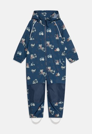Navy blue children's rain suit with colorful tractor and machinery patterns, featuring a zip front, hood, elastic cuffs, and reinforced pant sections.