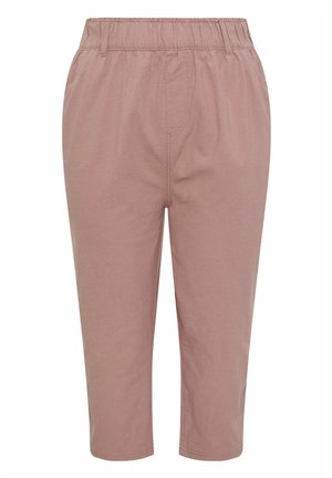 Pantalones cortos color malva claro con cinturilla elástica, bolsillos laterales y costuras frontales visibles.