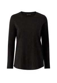Zwarte langjarige shirt met ronde halslijn, gemaakt van een zachte, gladde stof. Beschikt over een gebogen zoom en minimale details.