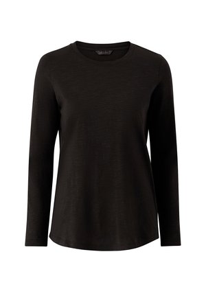Zwarte langjarige shirt met ronde halslijn, gemaakt van een zachte, gladde stof. Beschikt over een gebogen zoom en minimale details.