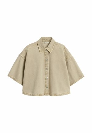 Beige cropped korte mouw jas met brede mouwen, knoopsluiting aan de voorkant en een spits kraag.