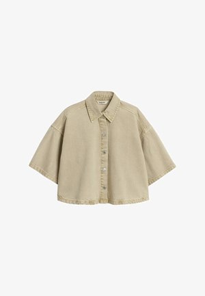 Beige cropped korte mouw jas met brede mouwen, knoopsluiting aan de voorkant en een spits kraag.