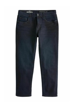 Jeans de corte recto en denim oscuro con cinco bolsillos, cierre de botón y un acabado limpio. Textura suave con detalles de desvanecimiento sutil.