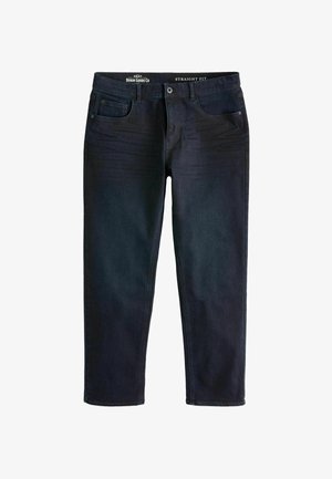 Jeans en denim noir à coupe droite avec cinq poches, une fermeture à bouton et une finition soignée. Texture lisse avec des détails de décoloration subtils.