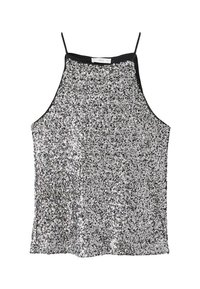 Strieborný top s flitrami na zaväzovanie za krkom s čiernymi popruhmi, s voľným strihom a lesklou textúrou. Žiadne viditeľné vzory ani dodatočné akcenty.