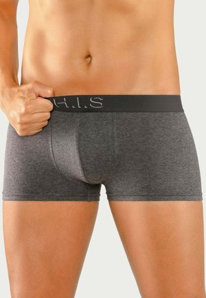Gray cotton boxer briefs with a black elastic waistband featuring the text "H.I.S." Designed for comfort and a snug fit.