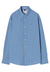 Camicia a quadri blu con bottone, realizzata in cotone. Presenta un colletto classico, maniche lunghe e un piccolo logo sul petto.