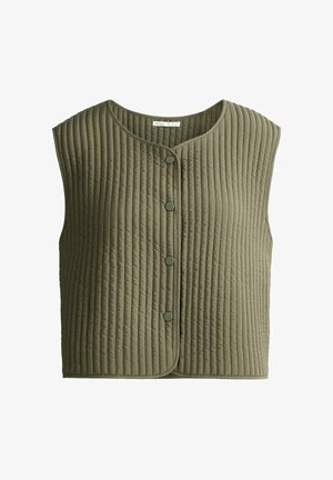 Ujjatlan, olíva zöld steppelt mellény, függőleges varrásokkal, kerek nyakkivágással és négy patenttal az elülső részén.