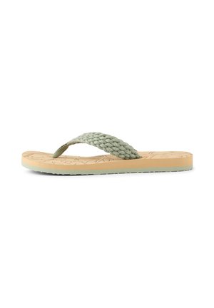 Žalios spalvos pintas dirželio tipo šlepetės su tekstūruota šviesiai smėlio spalvos padu, pasižyminčios lanksčia konstrukcija ir subtiliu guminio pado sukibimu apačioje.