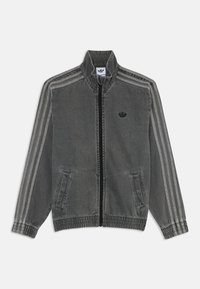 Gray denim jacket with a high collar, zip front, and two side pockets. Features three horizontal black stripes on each sleeve and an embroidered logo.