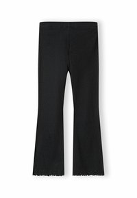 Schwarze gerippte Strickhose mit leichtem Schlag und Salatkantensäumen, vor einem weißen Hintergrund abgebildet.