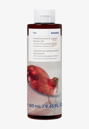 Butelka żelu pod prysznic Korres Pomegranate Grove z oczyszczającym ekstraktem z szałwii, odpowiedni dla skóry wrażliwej, o pojemności 250 ml.