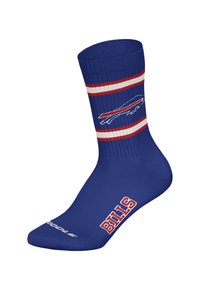 Niebieskie skarpety z czerwonymi i białymi paskami, z logo drużyny na boku oraz napisem "BILLS" na palcach. Wykonane z elastycznego materiału.