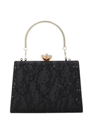 Borsa rettangolare nera con pizzo floreale testurizzato, piccole paillettes nere, chiusura dorata con gemma trasparente e manico superiore argento.