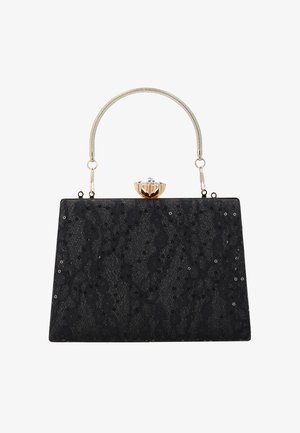 Borsa rettangolare nera con pizzo floreale testurizzato, piccole paillettes nere, chiusura dorata con gemma trasparente e manico superiore argento.