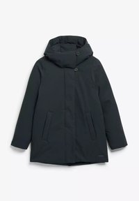 Donkergrijze gewatteerde parka met een hoge kraag, twee voorzakken en twee knopen bij de hals; gladde stof met een matte afwerking.