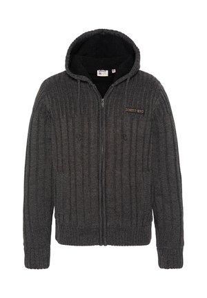 Mørkegrå ribstrikket hættetrøje med lynlås, blød og fyldig inderside, justerbar hætte med snøre og en logo-patch på venstre brystområde.