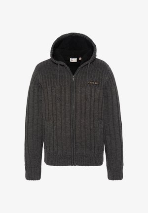 Donkergrijze geribbelde hoodie met ritssluiting, een zachte binnenkant, verstelbare capuchon met trekkoord en een logopatch op de linkerborst.